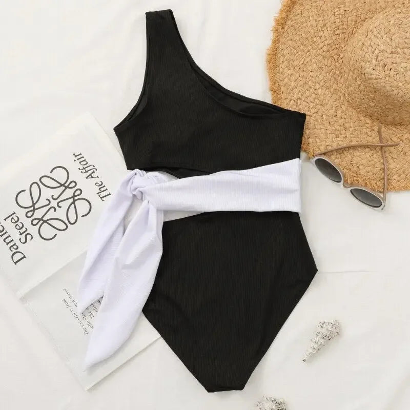 Patchwork One-Piece Swimsuit Women&#39;s Plain One-Shoulder Midriff Outfit Strap Bikini Set Swimwear Women 2023 Seaside Bathing Suit