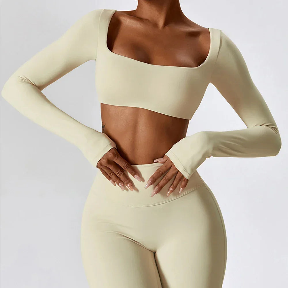 Yoga Shirts Fitness Long Sleeve Women Sport Crop Top Women Square Neck Gym Top Yoga T-Shirt Clothing Casual Quick Dry Sportswear