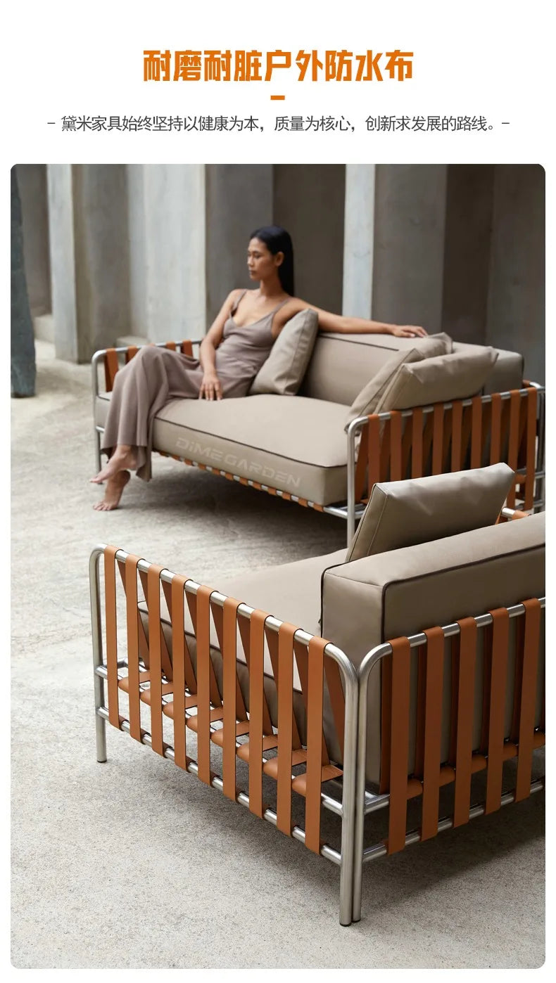 Outdoor stainless steel sofa rattan courtyard villa rain and sun coffee table combination