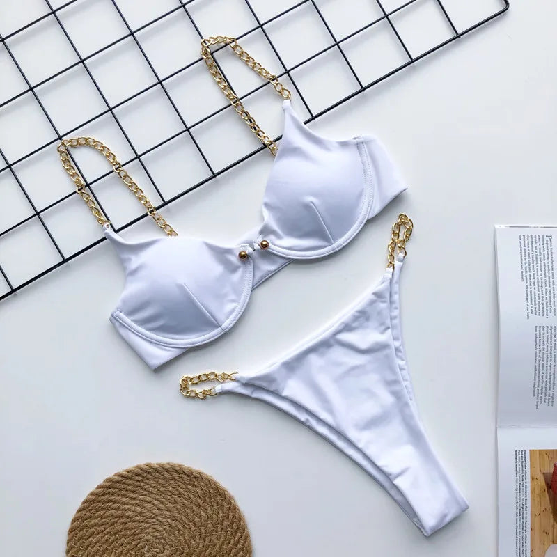 Sexy Metal Chains String High Cut One Piece Swimsuit Women Swimwear Female Monokini Tummy Cut Out Bathing Suit Swim Beach Wear Luxlife Brands