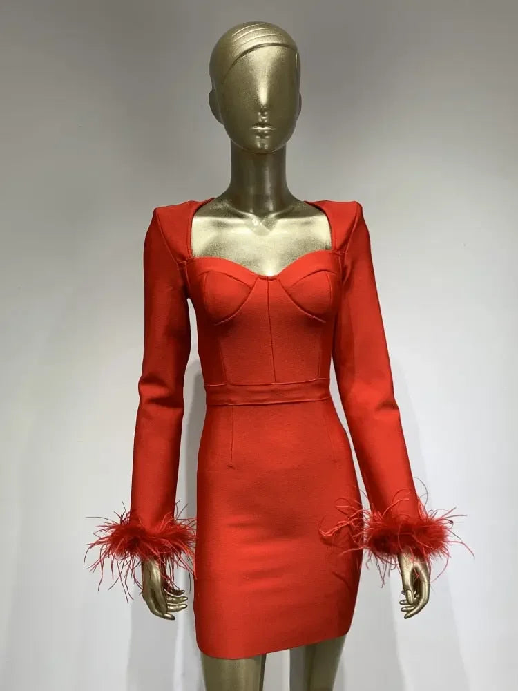 Women Winter Sexy Long Sleeve Feathers Hot Pink Black Mini Bodycon Bandage Dress 2022 Elegant Evening Party Dress