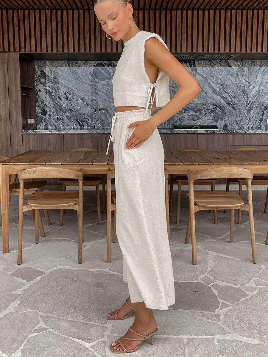 2023 Summer Khaki Linen Pants Sets Women 2 Piece Fashion Sexy Lace-Up Crop Tops Vacation Elastic Waist Loose Long Pants Suits