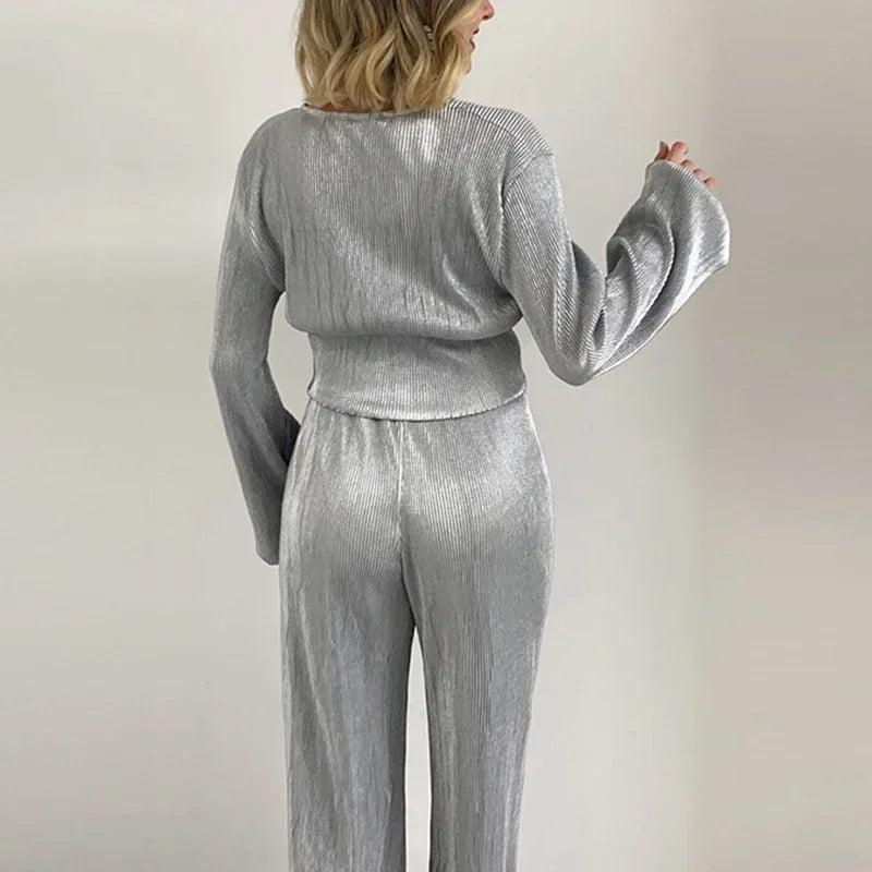 Luxury Bright Material Autumn Deep V Puff Sleeve Tops+Groups of Full Pants Sets Fashion Women Solid Loose Outfits Two Piece LUXLIFE BRANDS