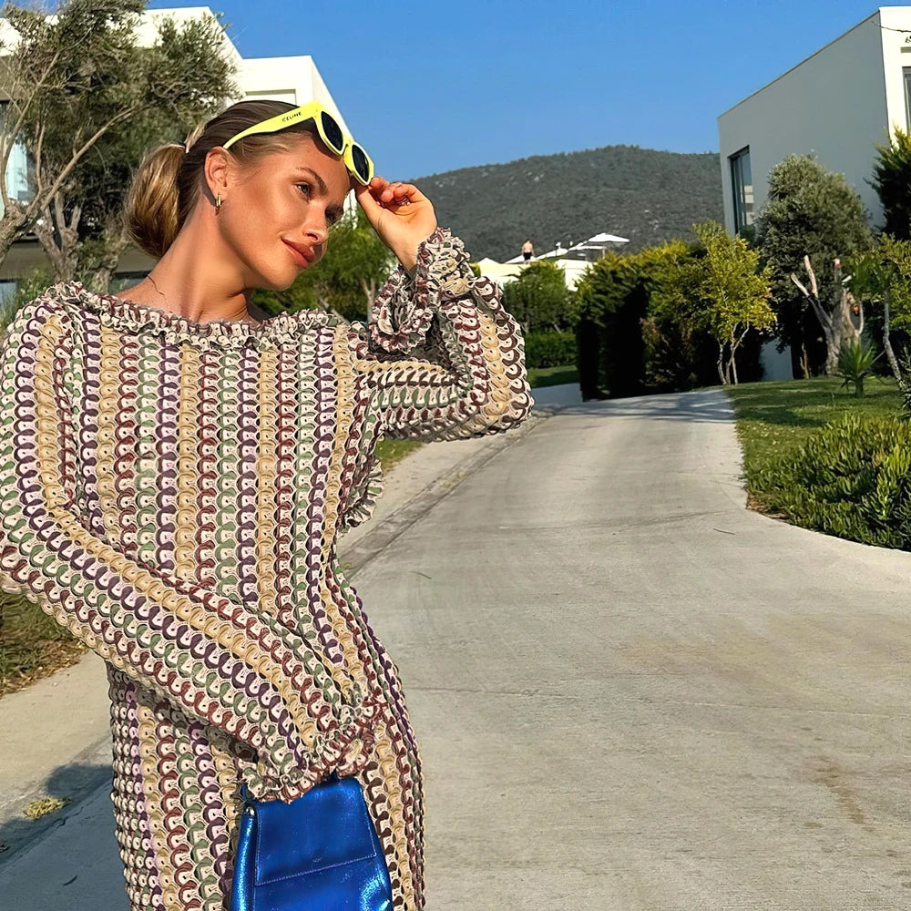 Sexy Backless Flare Sleeve Lace Knit Cut Out Party Beach Maxi Dress 2025 Summer Women Vacation Beachwear Swimsuit Cover Up A2815 Luxlife Brands