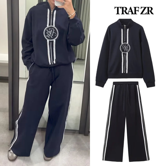 TRAF ZR Elegant Embroidery Ensemble Femme 2 Pieces 2024 Women's Pantsuit Lace Detail Sweatshirt Co-ord Sets Mujer Trouser Suits