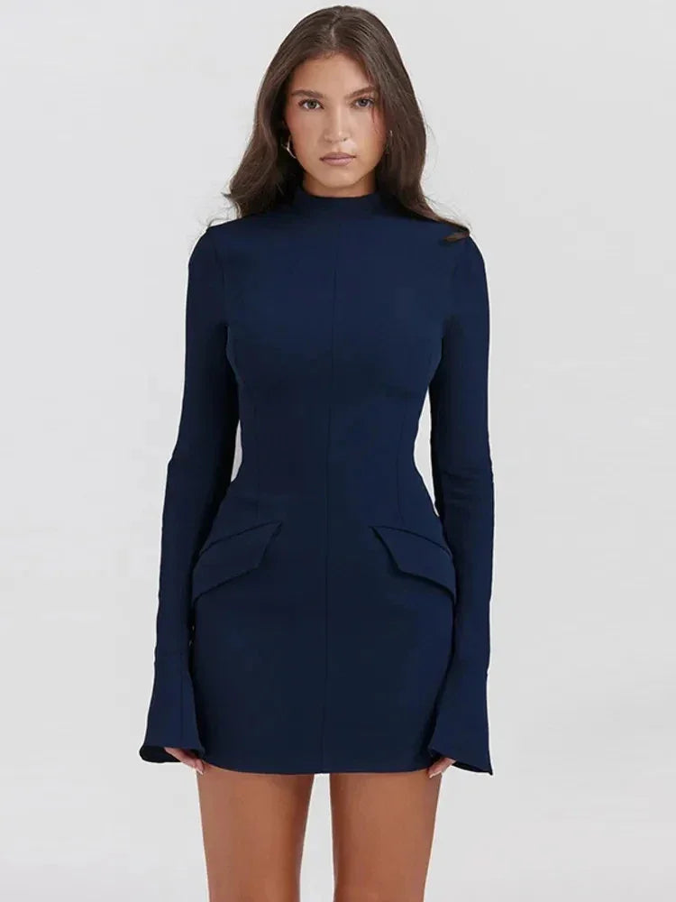Women Elegant Dark Blue Commuting Mini Dress 2023 Autumn Sexy Pocket Long Sleeve Bodycon Dresses Lady Chic Party Club Robe LUXLIFE BRANDS