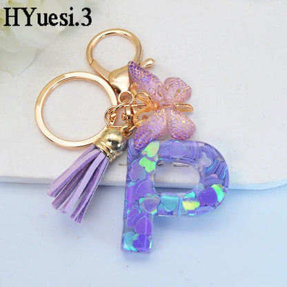 Purple Sequin Filled Name Keychain Butterfly Tassel 26 Alphabet Initials Keyrings Purse Wallet Handbag Ornament Women Girls Gift LUXLIFE BRANDS