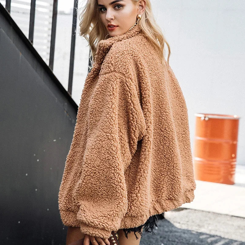 FMFSSOM Fashion Autumn Women Teddy Bear Fluffy Jacket Stand Collar Loose Plush Jacket Brown Solid Warm Outwear Faux Lamb Coats LUXLIFE BRANDS