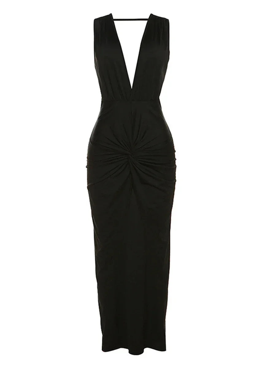 Fashion Backless Wrapped Slit Bodycon Dress for Women Summer Elegant Fashion Sleeveless Deep V Neck Twist Ruched Long Tank Dress LUXLIFE BRANDS