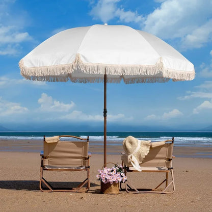 7.5Ft Patio Beach Umbrella with Fringe, UPF50+ with Push Botton Tilt & Crank