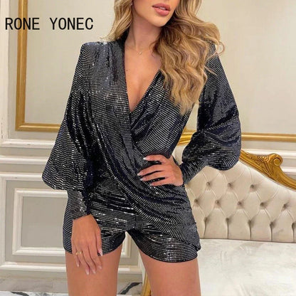 Women Solid  V neck Bishop Sleeve Sequins Wrap Asymmetrical Sexy Rompers