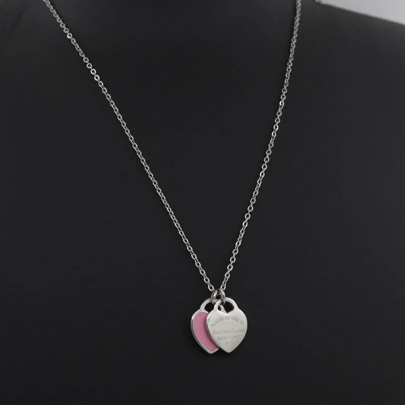 Double Heart SS Pendant Necklace LUXLIFE BRANDS