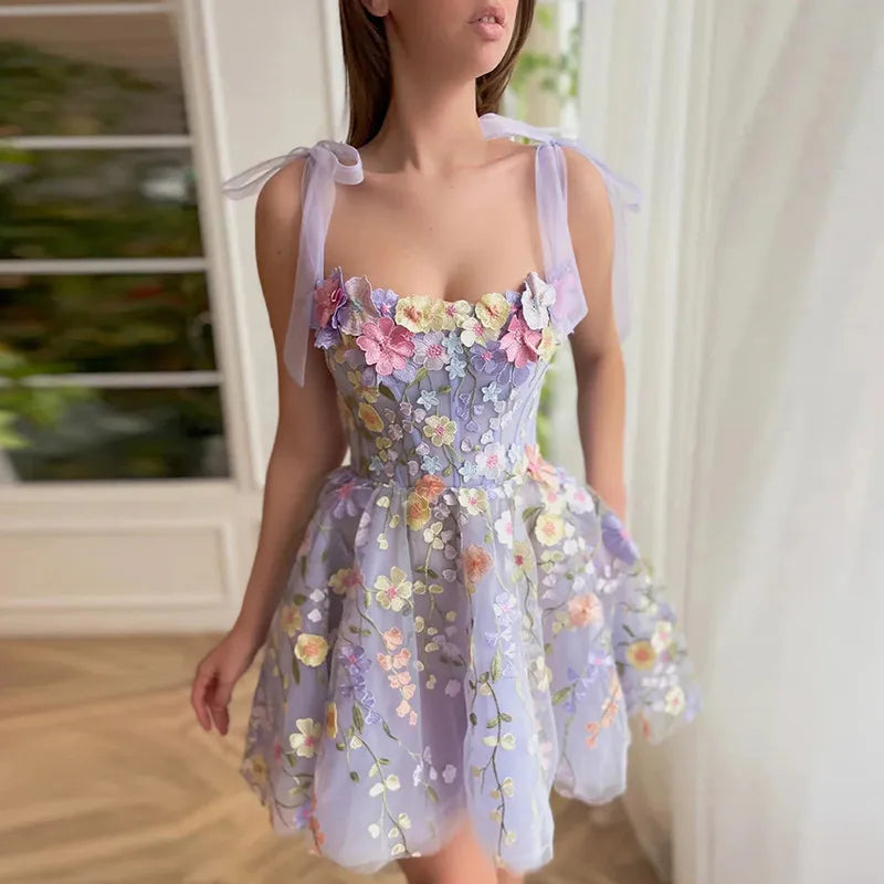 ONEINALL Patchwork Floral Mini Dresses For Women Square Collar Sleeveless Spliced Zipper Hit Color Mesh Dress Female Summer New