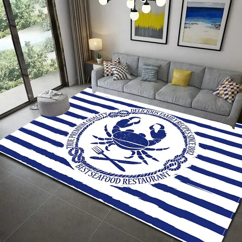 Dark Blue Stripe Ocean Lighthouse Area Rug Anchor Boat Decor Carpet Floor Mat Soft Carpet for Living Room Bathroom Kitchen