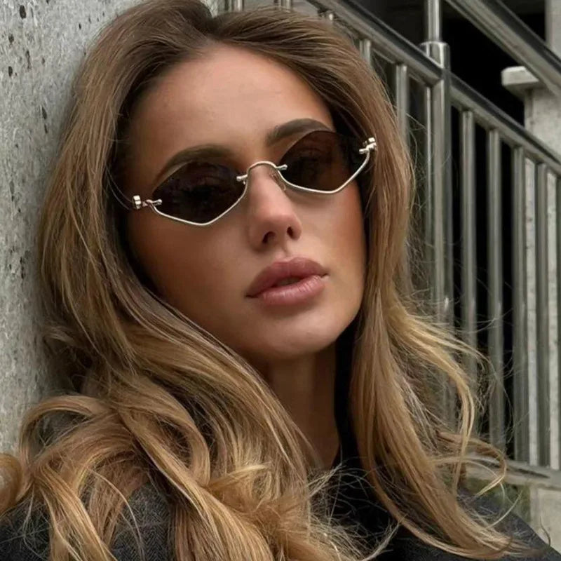 Fashion Small Polygonal Sunglasses Women Brand Metal Half Frame Glasses Ladies Hipster Sexy Cat Eye Shades Vintage