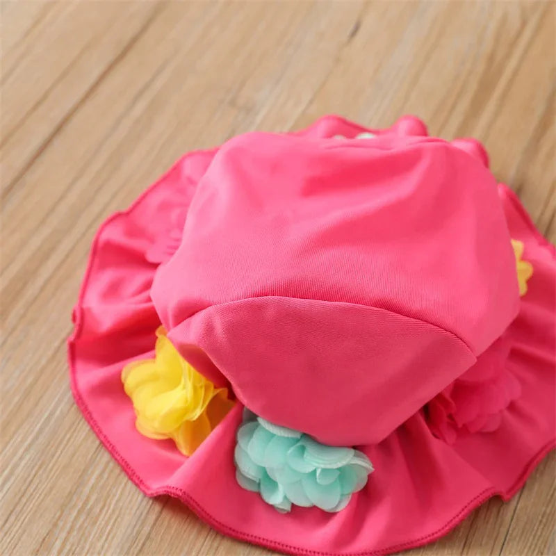 Infant Baby Girl Swimsuit 3D Flower Sleeveless Halter Tank Top Bikini Bottom with Sun Hat Set 0-24M