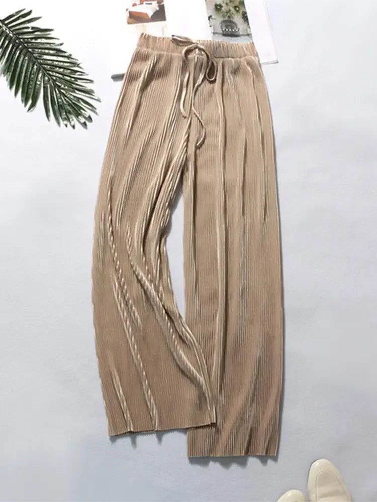 Summer Wide Leg Pants For Women Casual Elastic High Waist 2020 New Fashion Loose Long Pants Pleated Pant Trousers Femme