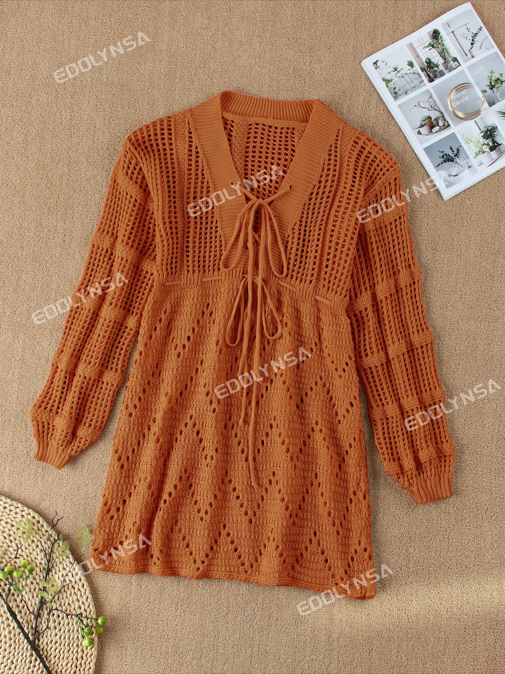 Sexy Deep V-neck Lace-up Bell Sleeve Knit Mesh Hollow Out Beach Mini Dress 2025 Summer Swimsuit Cover Up Women Casual Tunic K14 Luxlife Brands