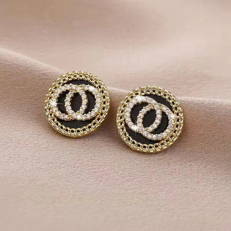 Black Enamel Crystal Double Round Circles Stud Earring for Women Korean Style Sweet Simple Jewelry Brincos Wholesale Girl Gift LUXLIFE BRANDS