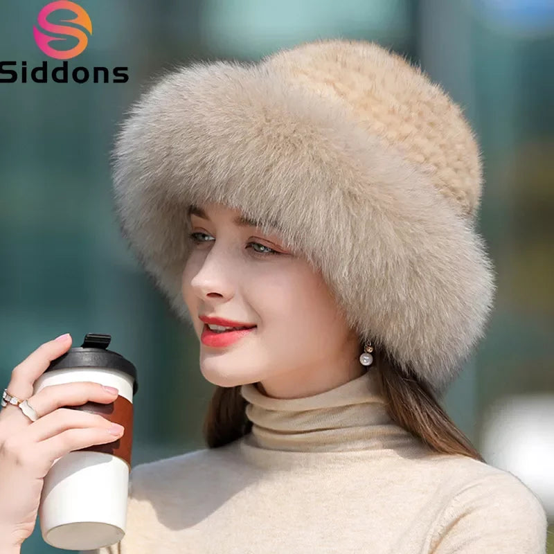New Genuine Real Natural Knitted Mink Fur Hat Cap Luxury Women Handmade Knit Fashion Winter Headwear Warm Real Fox Fur Beanies LUXLIFE BRANDS