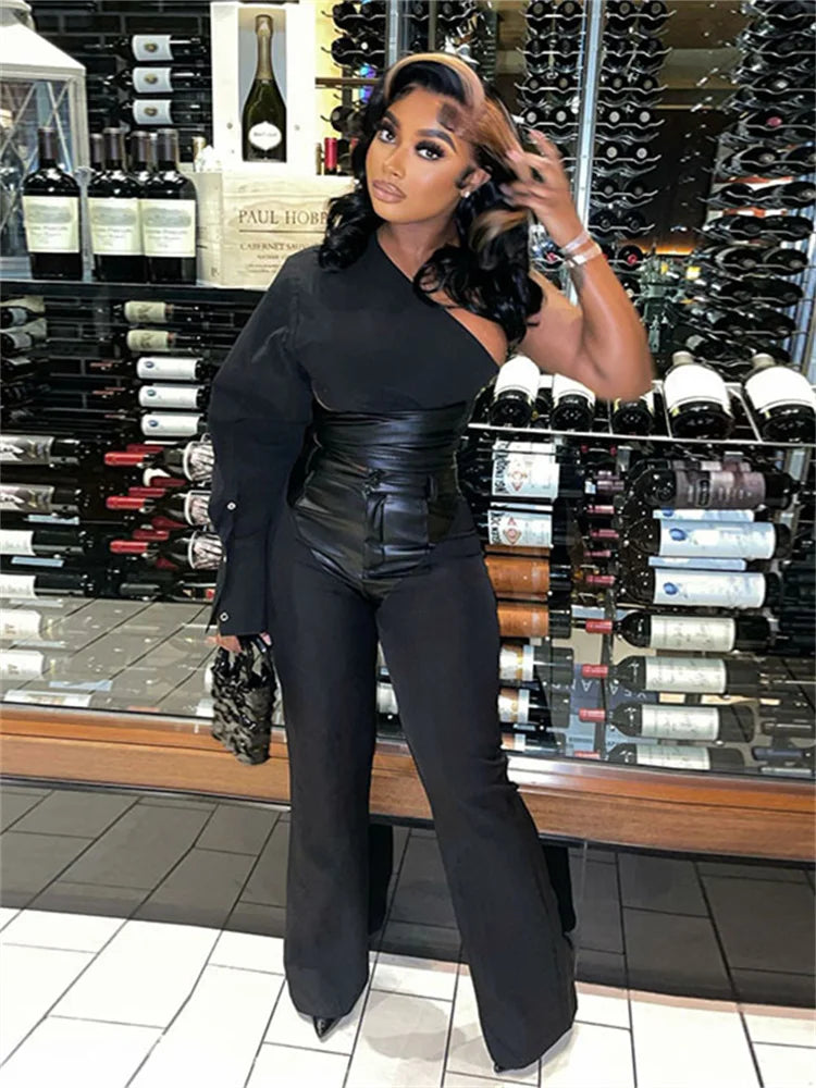 Wmstar Two Piece Set Women Single Long Sleeve Outfit Sexy Bodycon PU Patchwork Top Pants Set Matching Wholesale Dropshpping 2024