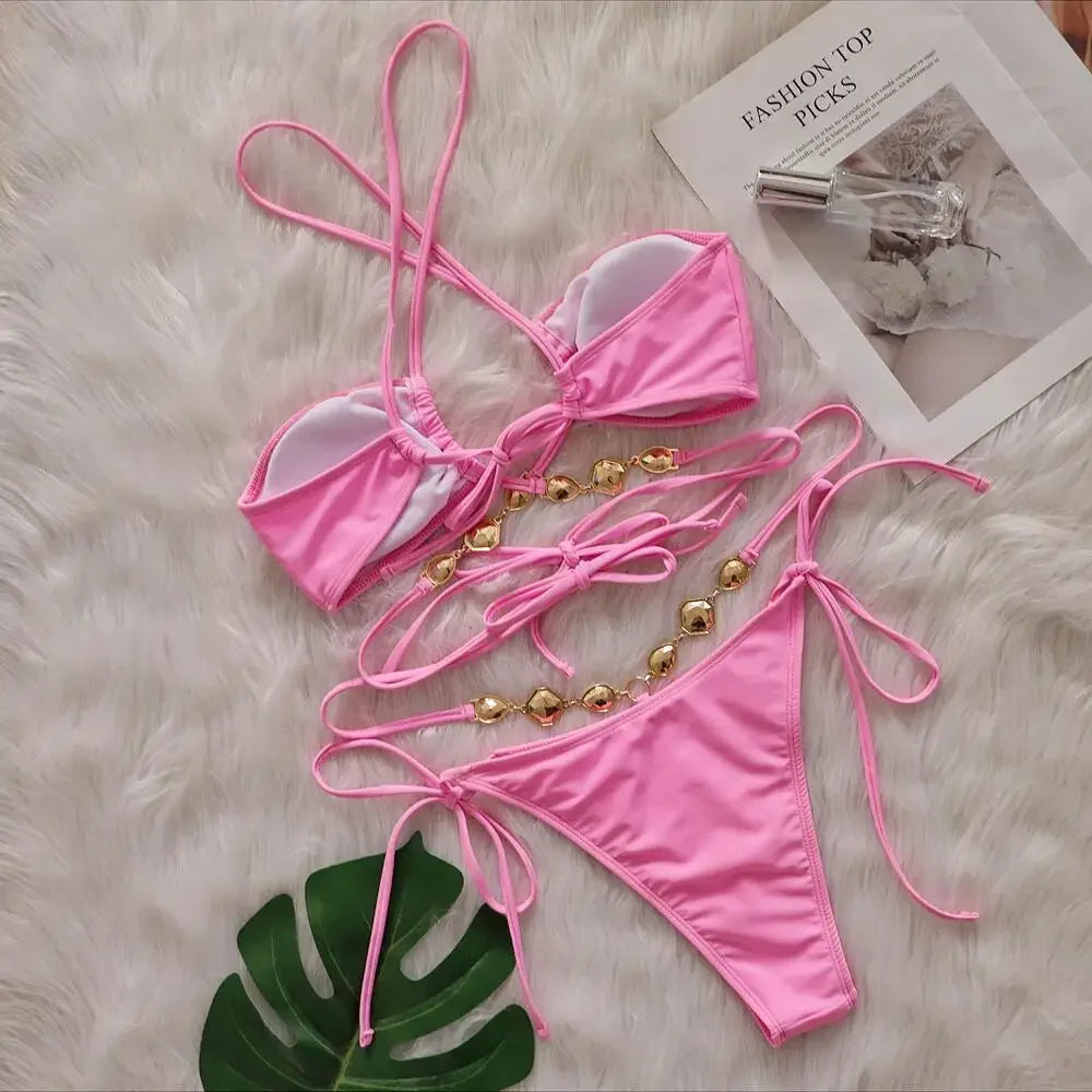 Pink Sexy Bikinis Swimsuit With Rhinestones Women Swimwear Female Push Up Bikini Beach Swim Wear Bathing Suit Pool Bather 2025 Luxlife Brands
