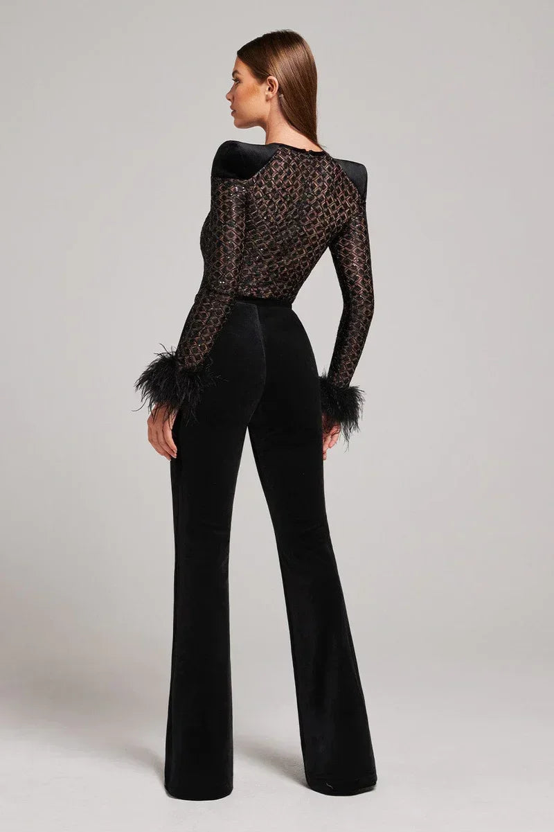 Lace Sequin Feather Bandage Jumpsuit - LUXLIFE BRANDS