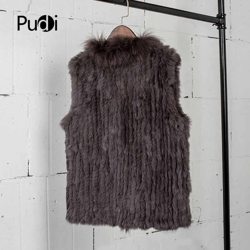 VT7008 Womens Natural Real Rabbit Fur Vest With Raccoon Fur Collar Waistcoat/jackets Rabbit Knitted Winter