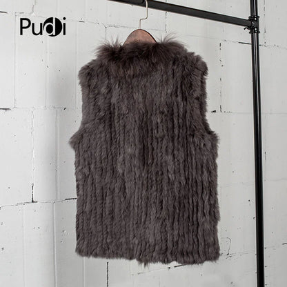 VT7008 Womens Natural Real Rabbit Fur Vest With Raccoon Fur Collar Waistcoat/jackets Rabbit Knitted Winter