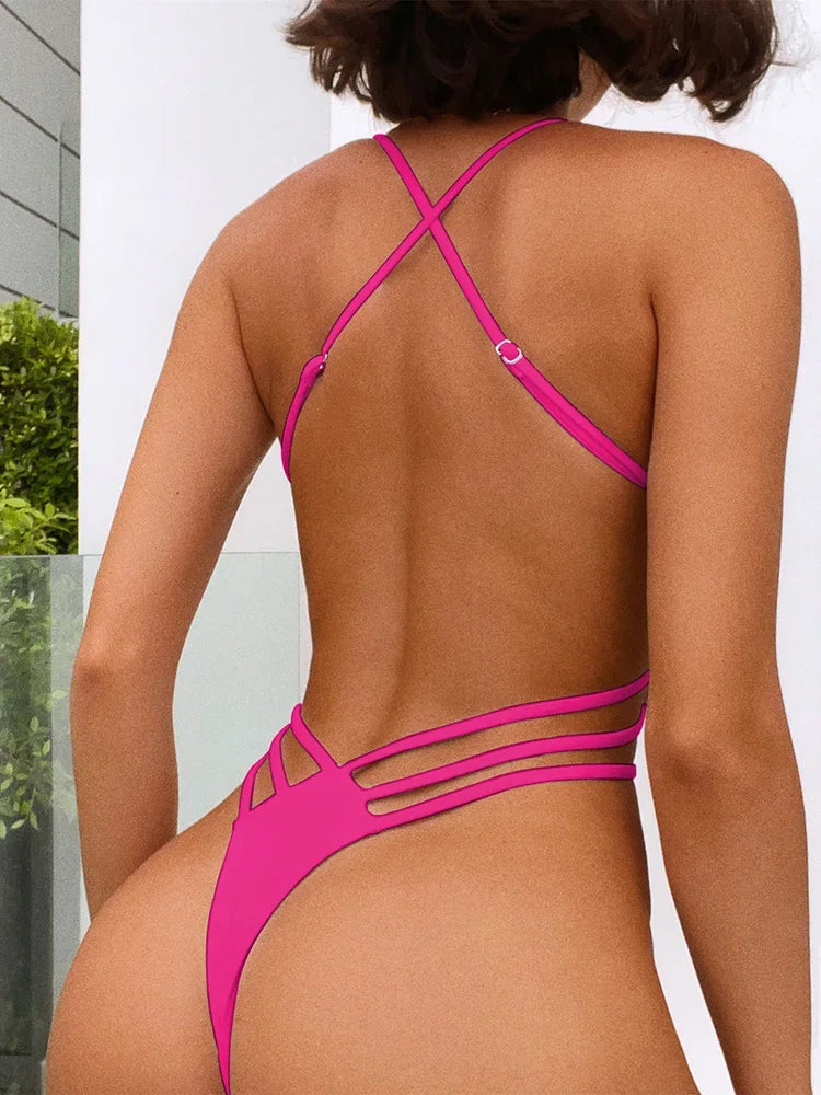 Sexy Criss Cross Backless Female Swimwear One Piece Swimsuit Women Extreme String Thong Monokini High Cut Bathing Suit Swim Lady