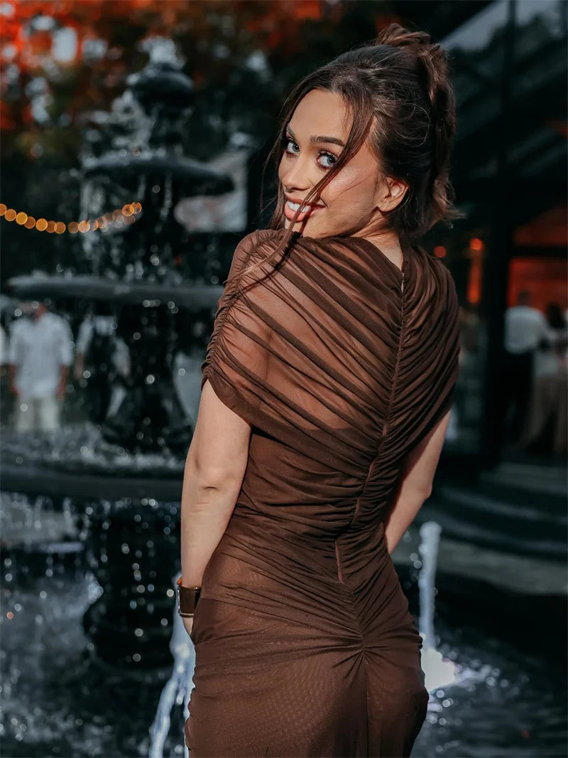 Mozision Hollow Out Short Sleeve Sexy Maxi Dress Women Fashion O Neck Ruched High Waist Bodycon Club Party Long Dress Female Luxlife Brands