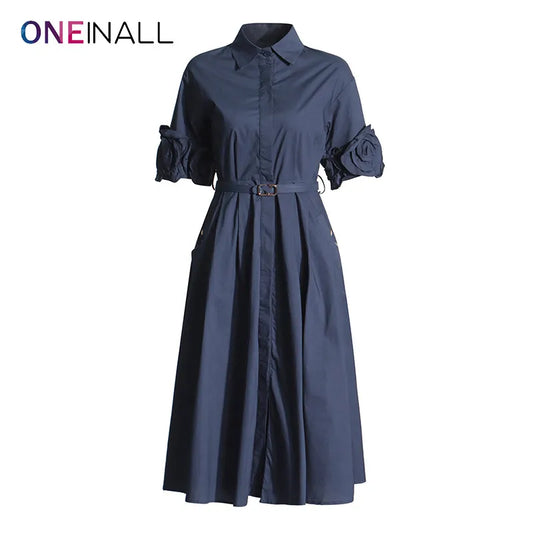 ONEINALL Minimalist Patchwork Appliques Dresses For Women Lapel Long Sleeve High Waist Spliced Belt Elegant Solid Dress Female