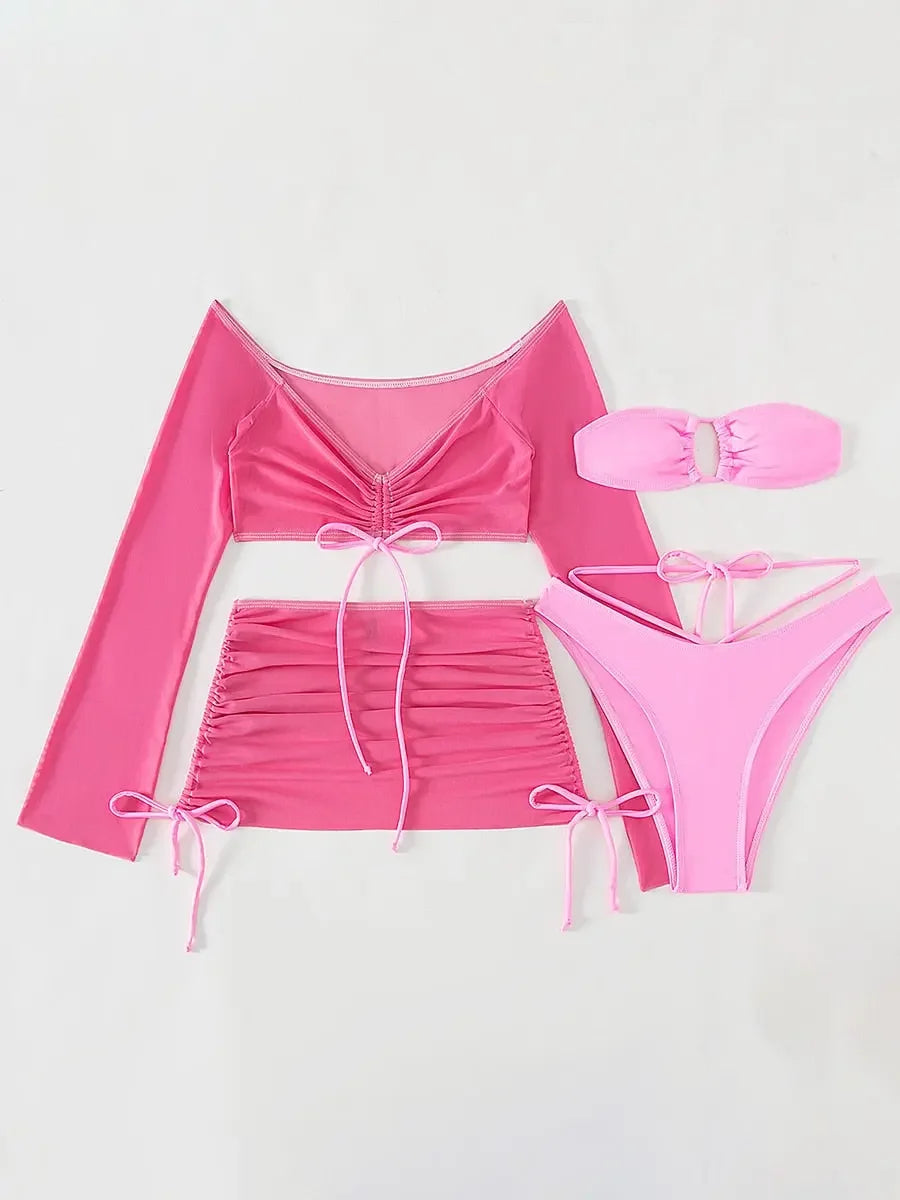 4 Pieces Lace Up Halter Triangle Bikini Swimsuit & Cover Up Top With Skirt Sexy Swimwear Women 2023 Bathing Swimming Suit Female