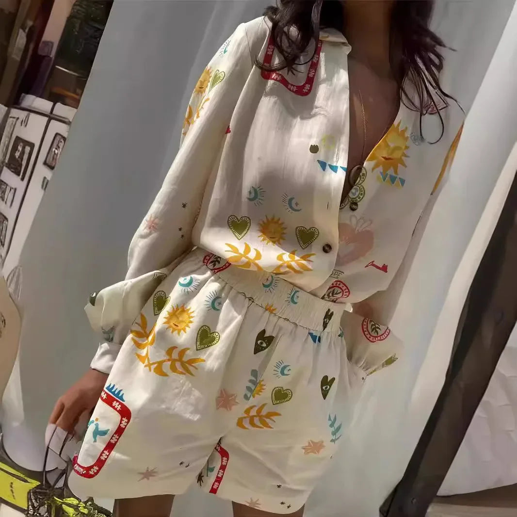 Women Fashion Elastic Waist Two Piece Sets Elegant Floral Print Lapel Long Sleeve Top Short Pants Suit Casual Holiday Outfits Luxlife Brands