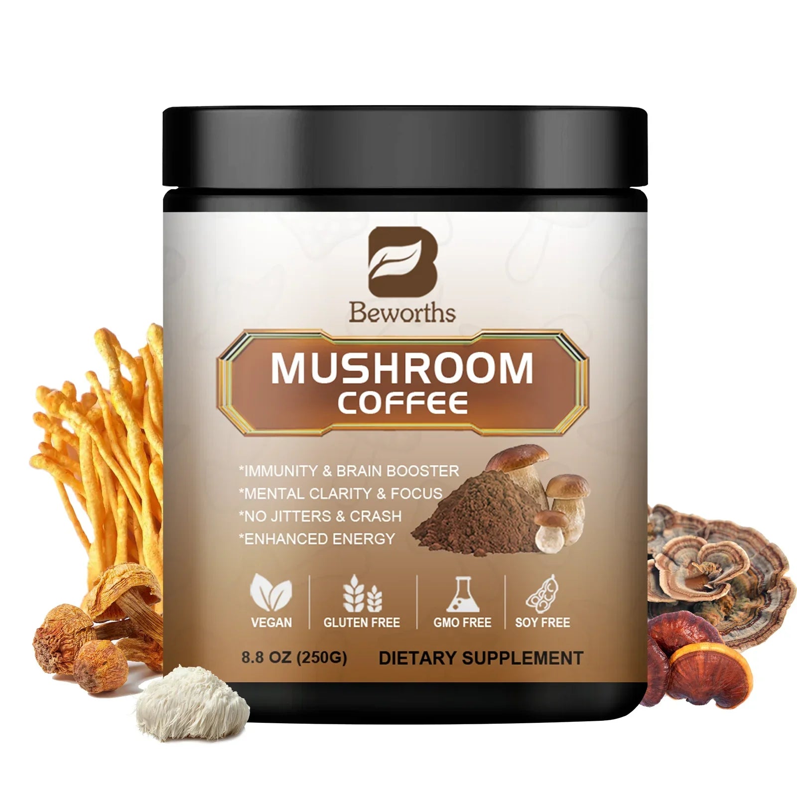 BWEORTHS 250G Mushroom Coffee Mixed Reishi & Lion's Mane Mushrooms Support Immunity and Focus Health Boost Memory NO-GMO 10 in 1
