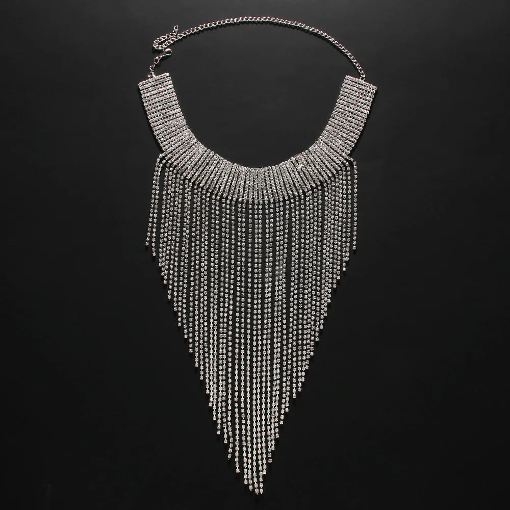 Rhinestone Fringe Tassel Choker Chain Necklace