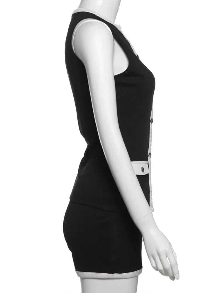 Cutenew Classic Women 2 Piece Set Trend Panelled Single Breasted Sleeveless Tanks+Elastic Waist Shorts Female Matching Outfits