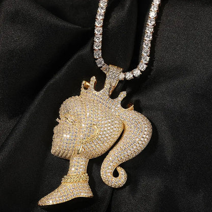 Hip Hop 3A+ CZ Stone Paved Bling Iced Out Crown Barbie Queen Pendants Necklace for Men Women Unisex Rapper Jewelry Gift