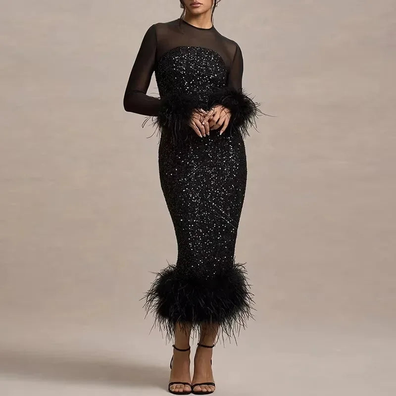 LUX Shimmer Feather Maxi Dress