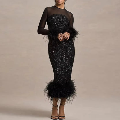 LUX Elegant Feather Maxi Dress