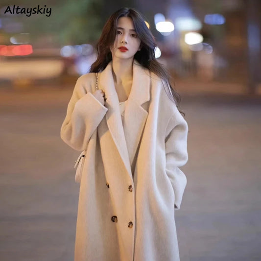 Blends Long Coats for Women Winter Elegant French Style Classy High Street Double Breasted Overcoats Aesthetic Fashion Ladies LUXLIFE BRANDS