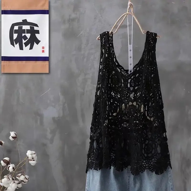 2024 Women Beach Crochet Daily Hollow Out Knit Loose-fitting Round Collar Spaghetti Strap Crop Top Scalloped Loose Vest L45