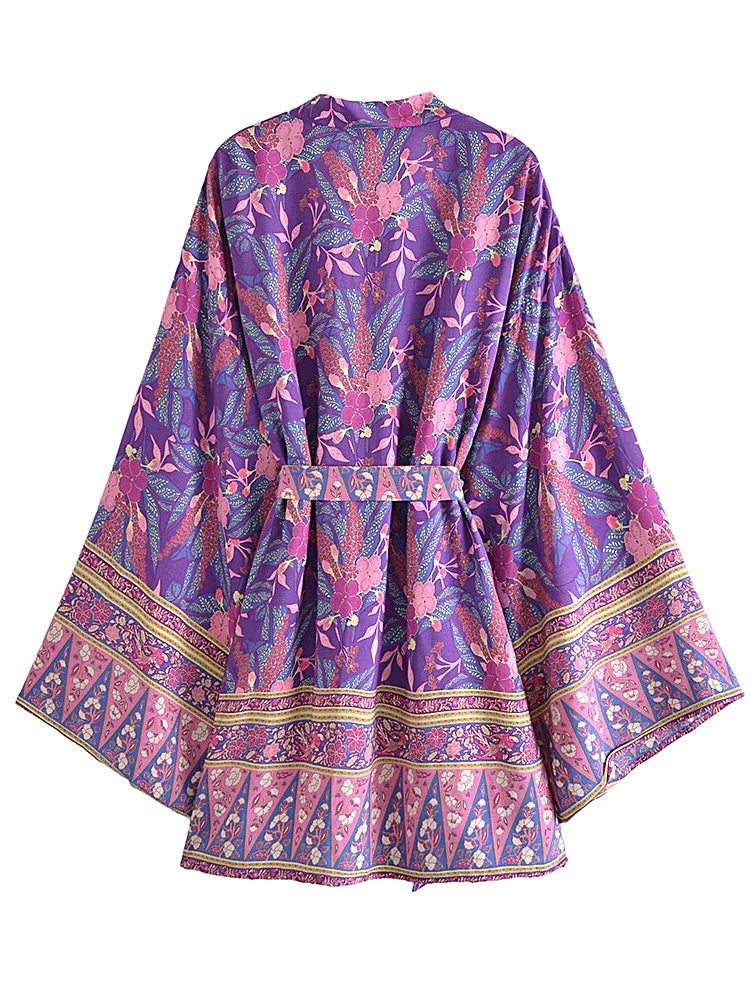 Purple Passion Floral Boho Short Kimono Dress