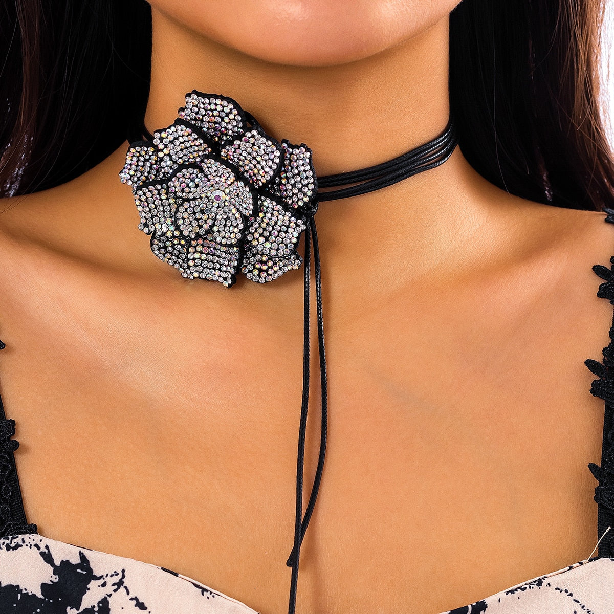 IngeSight.Z Luxury Full Rhinestone Big Rose Flower Choker Necklace Women Black Leather Wax Rope Clavicle Chain Adjustable Neck