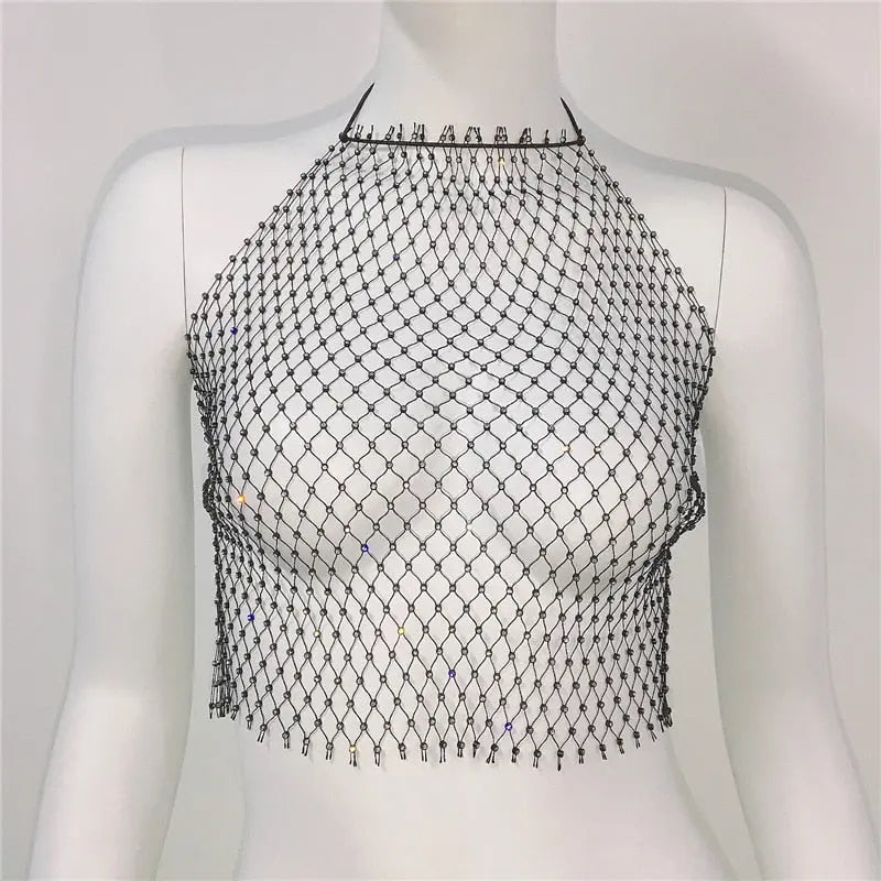 Fishnet Glitter Rhinestone Crop Top Sexy Hollow Out Mesh Sheer Women Beach Y2K Camis Crystal Diamond Club Rave Party Tank Tops