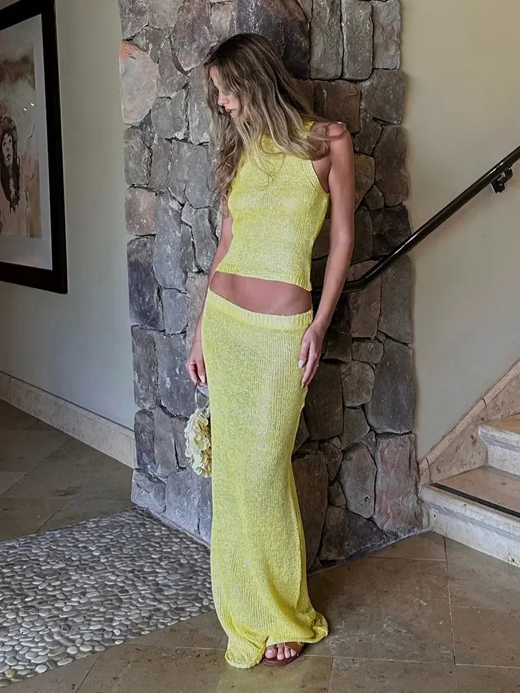 Women Sexy Knit See-through Shiny Top Half Long Skirt Set 2025 Summer Beachwear Swimsuit Cover Up 2 Piece Party Club Outfit K68 Luxlife Brands