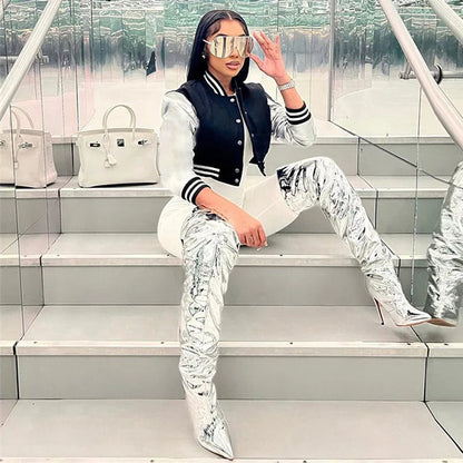 Fashion Women Letter Embroidery Cropped Baseball Jacket Silver PU Leather Sleeve Outcoats Varsity Buttons Bomber Jackets Uniform