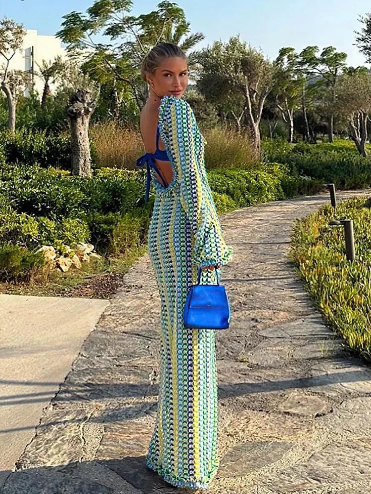 Sexy Backless Flare Sleeve Lace Knit Cut Out Party Beach Maxi Dress 2025 Summer Women Vacation Beachwear Swimsuit Cover Up A2815 Luxlife Brands