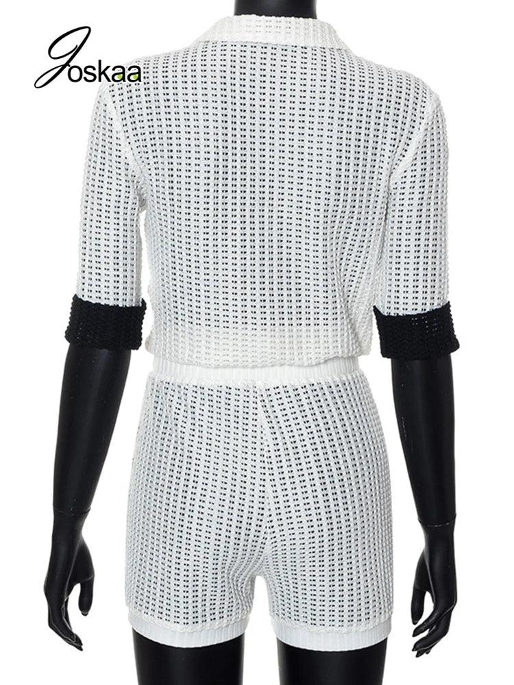 Joskaa Contrast Color Lapel Short Sleeve White Playsuits Women Single Breasted Bodycon Rompers Fall Fashion Overalls Streetwear LUXLIFE BRANDS