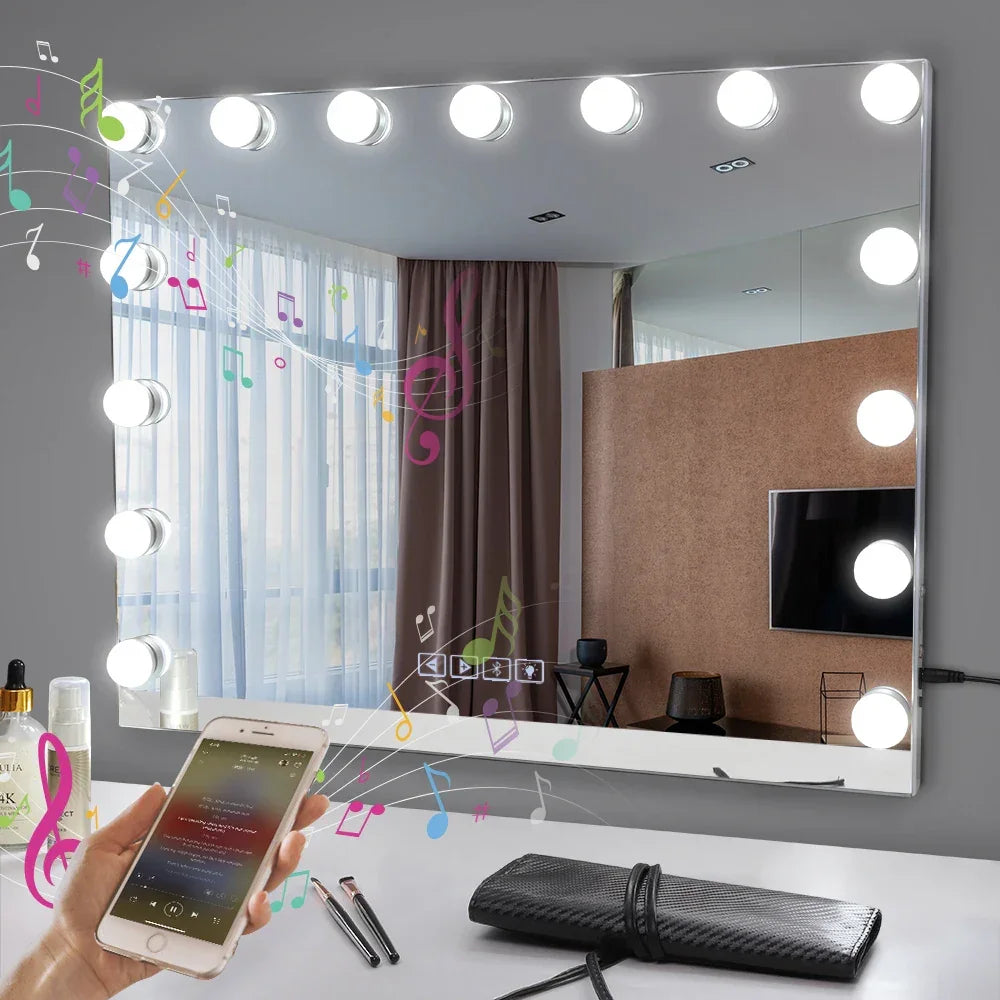 Large Bluetooth Vanity Mirror Makeup Mirror with Lights Hollywood Mirror Touchscreen Control Cosmetic Mirrors with 15 LED Bulbs LUXLIFE BRANDS